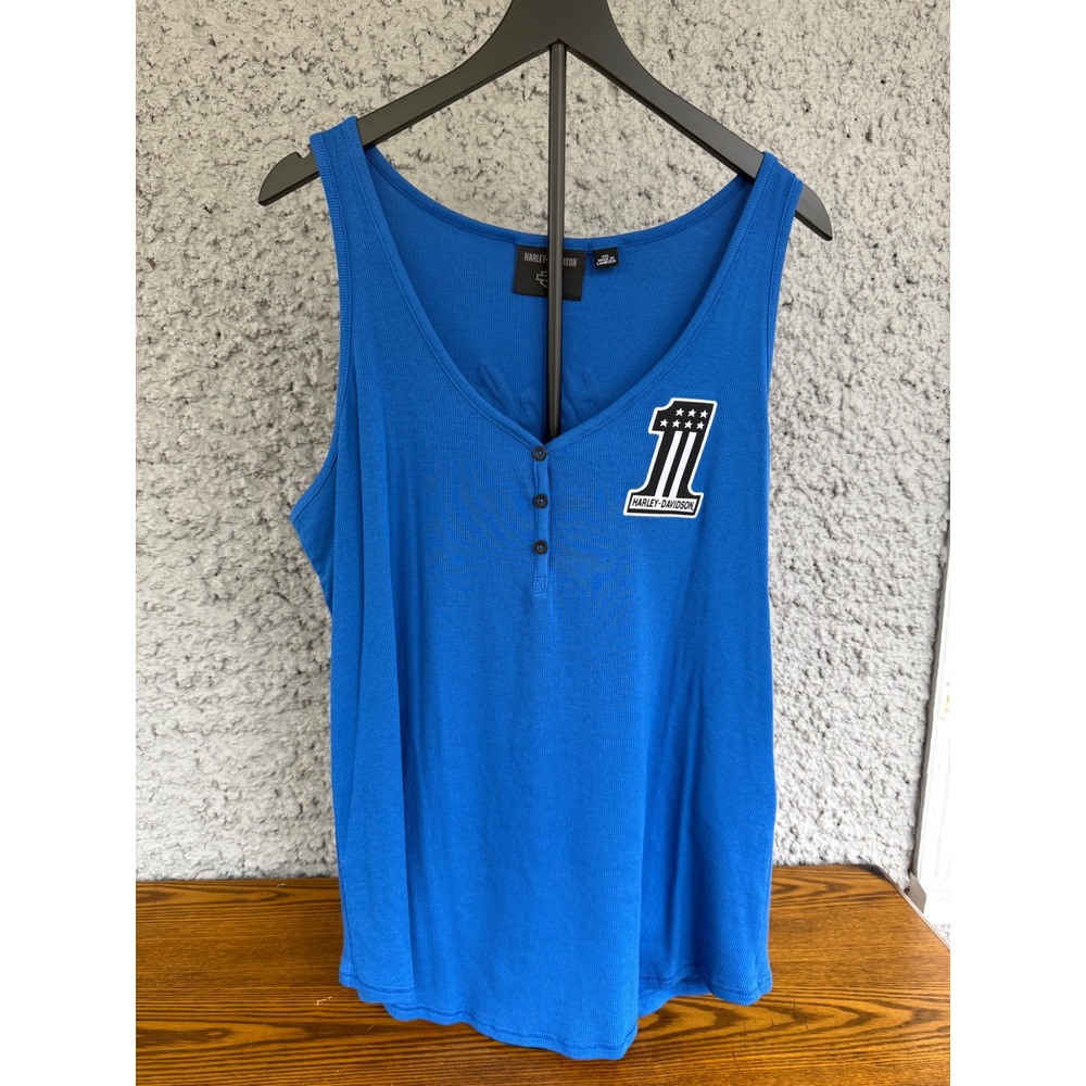 Harley Davidson Racing Tank Top Womens 2XL Blue Ribbed Henley Sleeveless Shirt